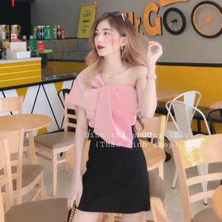 Set áo nơ lệch vai chân váy chữ a siêu hot ( kèm hình shop chụp )