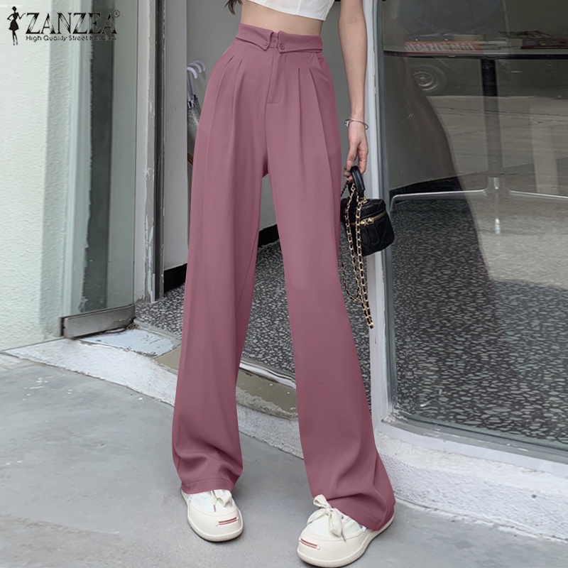 Quần dài ZANZEA ống đứng màu trơn phong cách Hàn Quốc thời trang xinh xắn cho nữ
