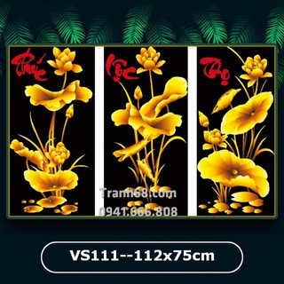 [112*75cm] Tranh đính đá phúc lộc thọ sen vang, tranh đính đá tài lộc, tranh gắn đá phúc lộc thọ sen vàng