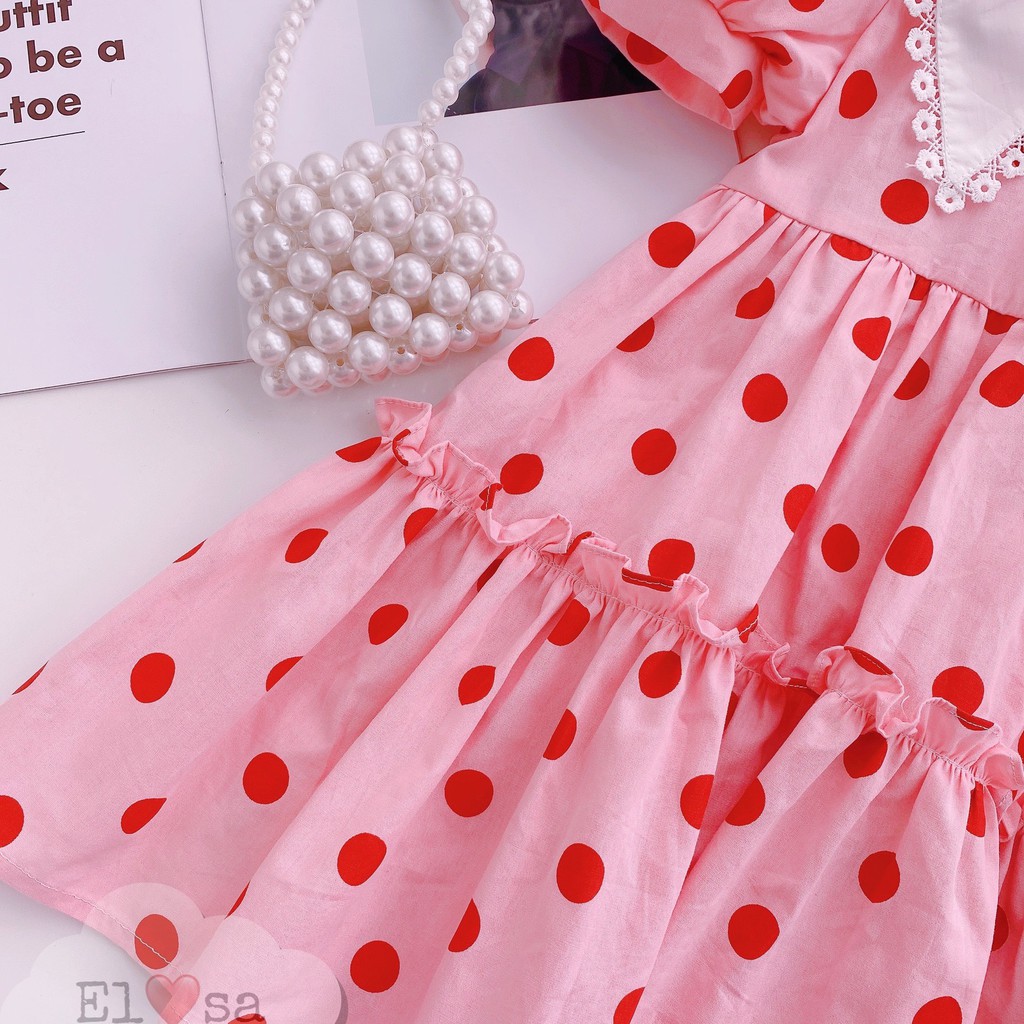 Váy cho bé gái - Váy chấm bi hồng phối cổ tam giác trắng siêu xinh cho bé 1-7 Tuổi