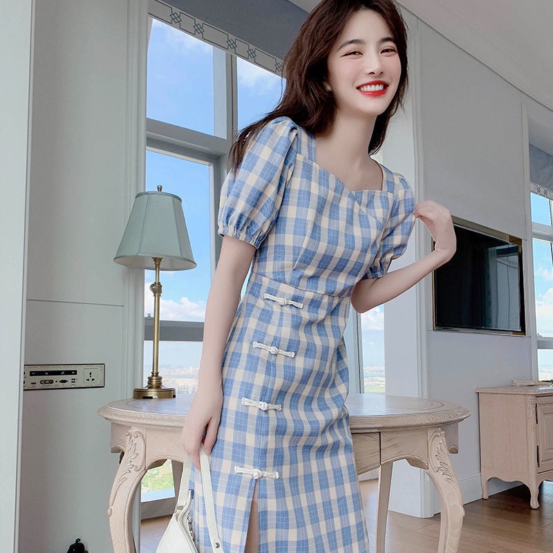 Đầm Sườn Xám Cách Tân Họa Tiết Sọc Caro Phong Cách Retro Cho Nữ