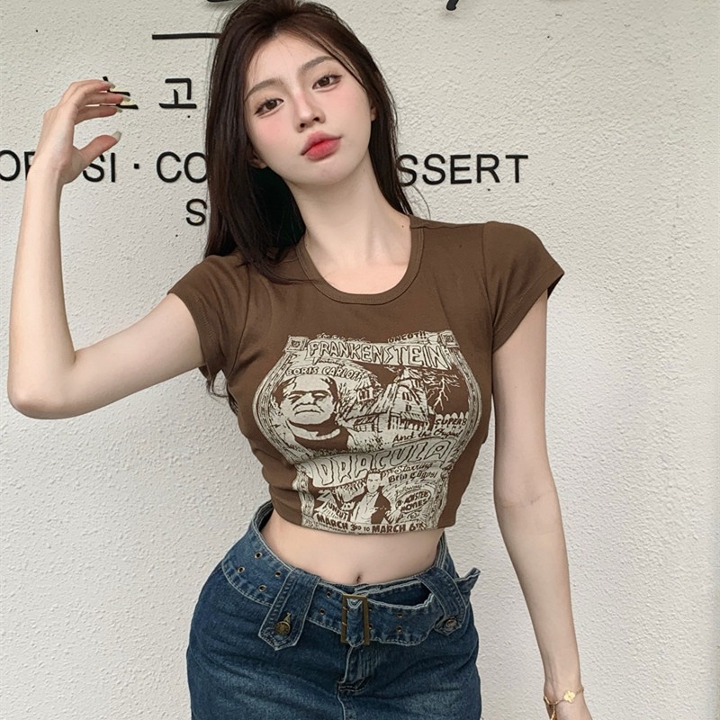 Áo Thun Lửng Tay Ngắn Phong Cách Retro Dành Cho Nữ