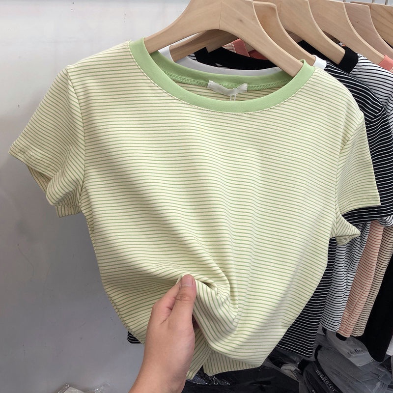 Áo thun cotton tay ngắn họa tiết kẻ sọc phong cách Hàn Quốc thời trang mùa hè 2022 dành cho nữ