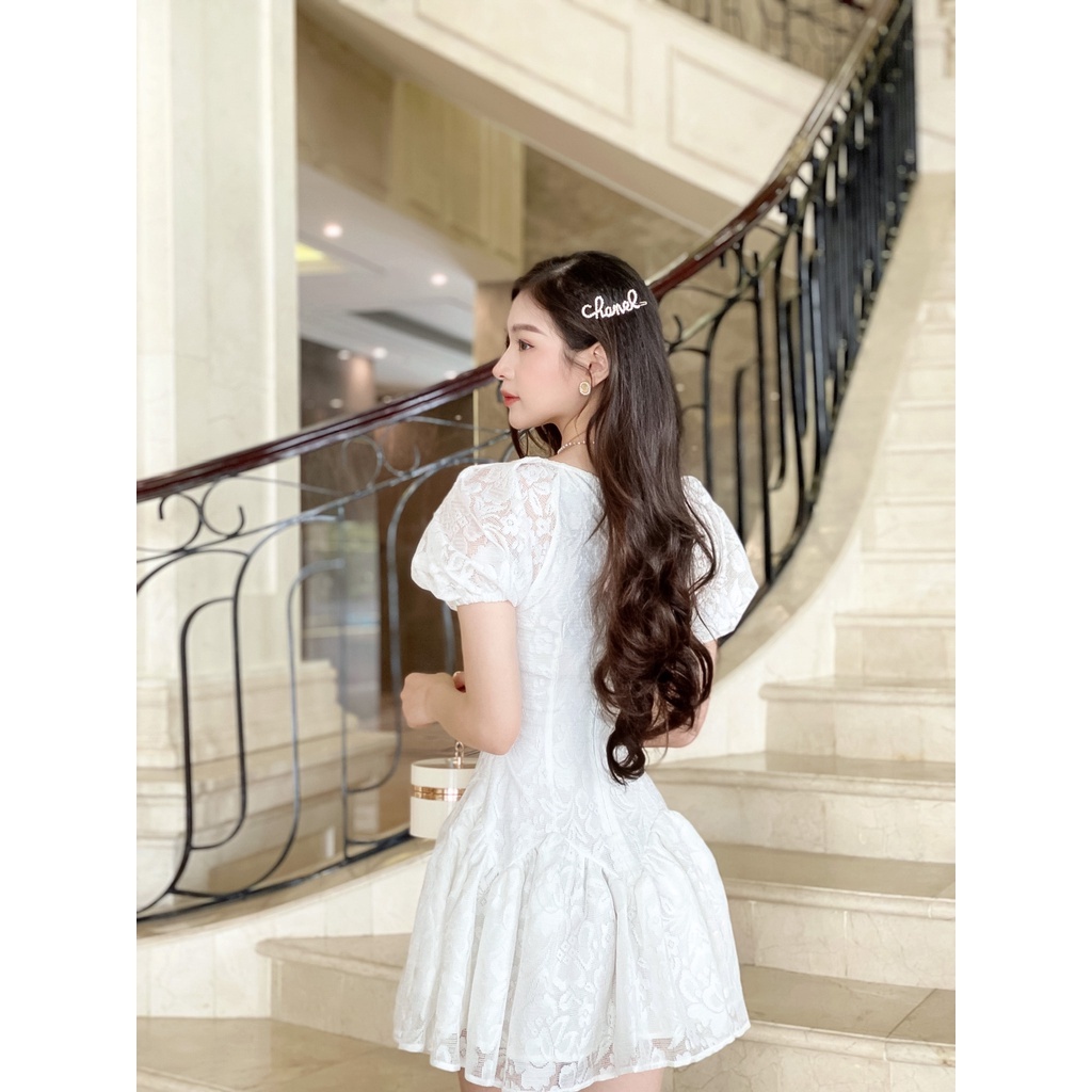 Váy ren hàn quốc cổ V Chillgals thiết kế tay bồng tiểu thư thắt eo tôn dáng VA-044