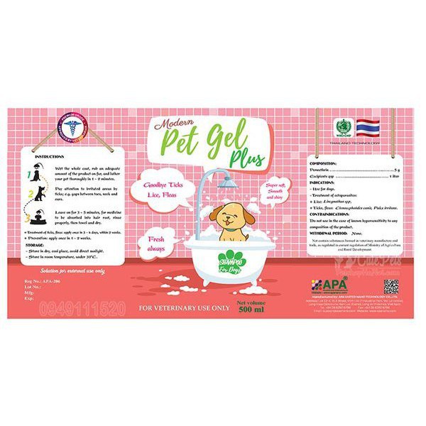 (miễn phí vận chuyển) SỮA TẮM TRỊ VE RẬN BỌ CHÉT CHO THÚ CƯNG CHÓ MÈO Pet Gel Plus Chai 500ml Thương hiệu Thái Lan