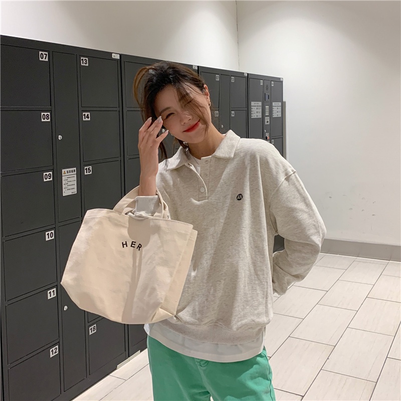 SUXI Áo nỉ dài tay dáng rộng thêu họa tiết phong cách mới thời trang thu đông cho nữ