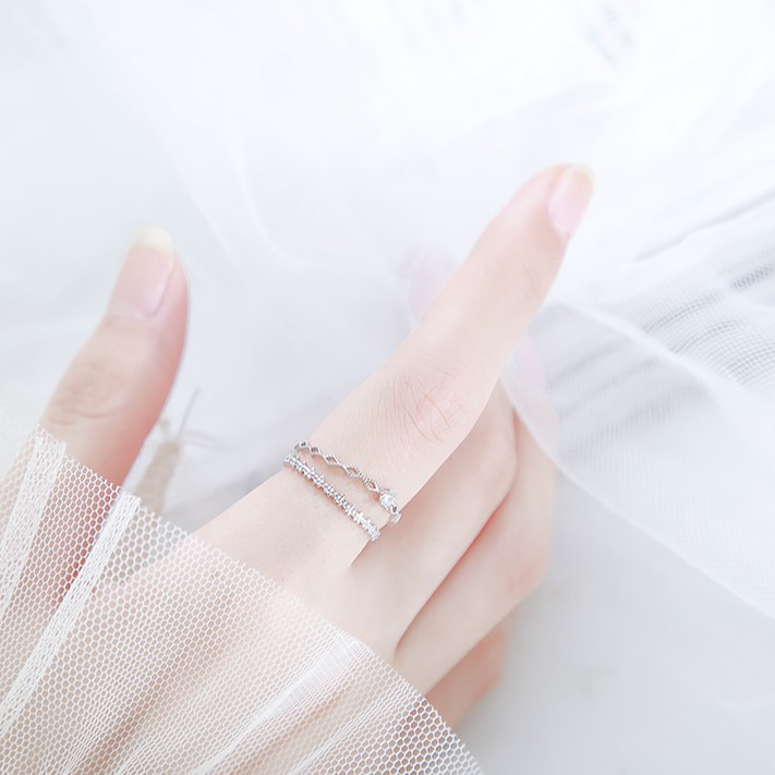 Nhẫn Bạc 2 tầng cao cấp, Nhẫn nữ bạc gắn đá 2 tầng TUNA SILVER Trang sức bạc cao cấp