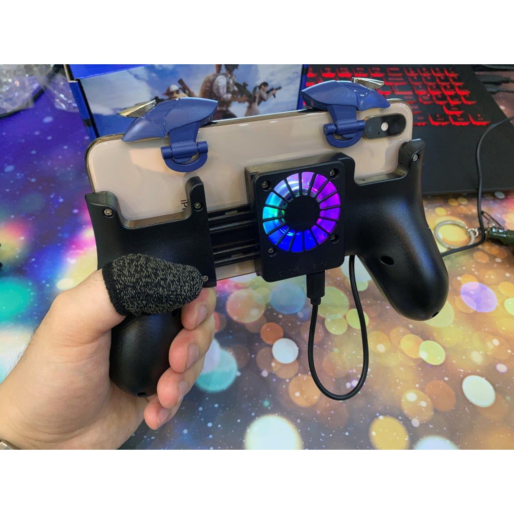 Combo nút bấm chơi game + tay cầm tích hợp quạt tản nhiệt + bao tay chống mồ hôi chơi PUBGm, CODm, freefire...