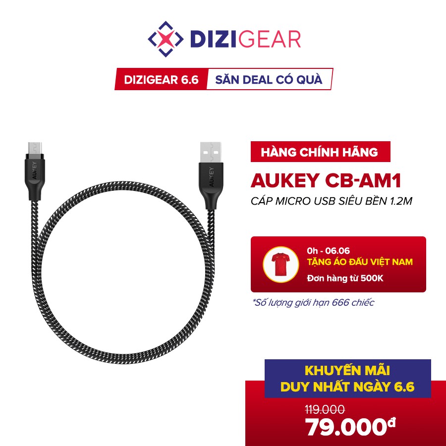 [DIZIGEAR 6.6 - SĂN DEAL CÓ QUÀ] Cáp Sạc Micro USB AUKEY CB-AM1, Bọc Dù Siêu Bền, Dài 1.2 Mét - Chính Hãng BH 18 Tháng