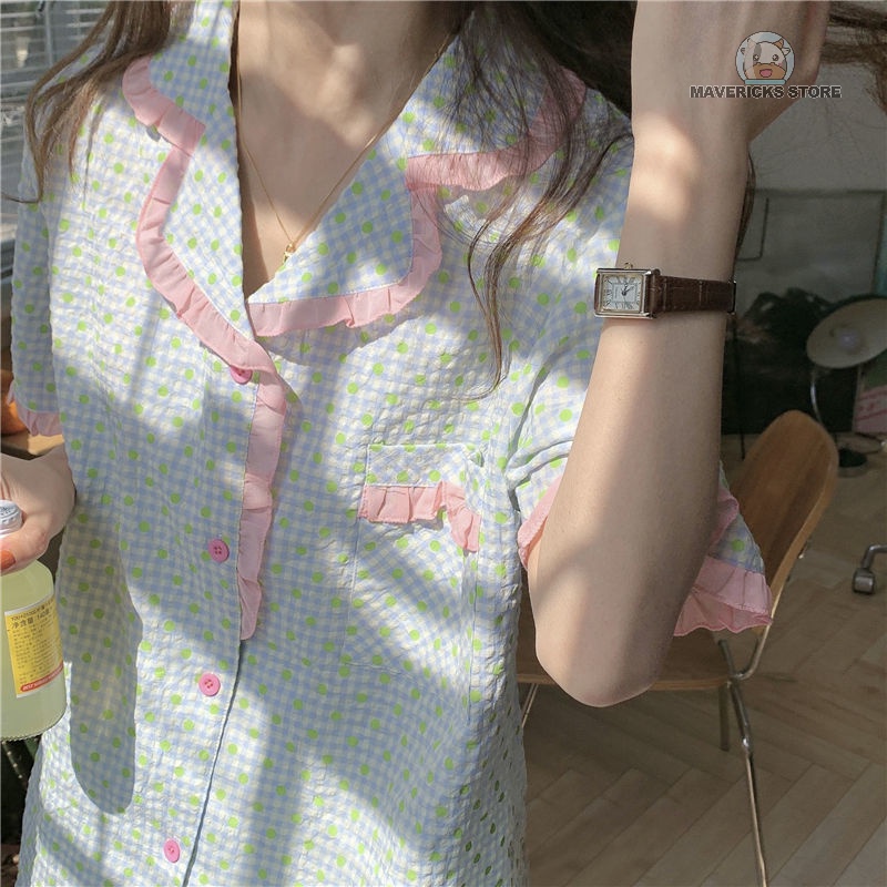 Set đồ ngủ tay ngắn họa tiết chấm bi phong cách Nhật Bản thời trang mùa hè đáng yêu dành cho nữ