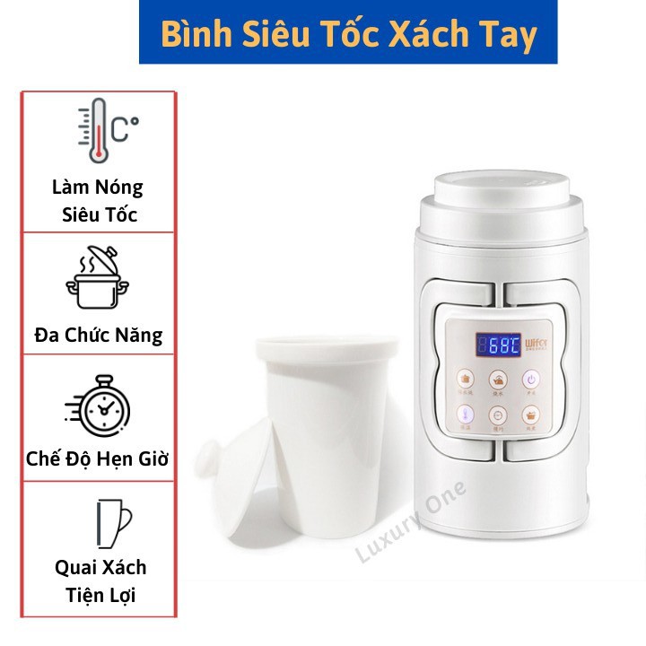 Bình ủ cháo, pha trà có đồng hồ hẹn giờ đa chức năng; Ấm nước siêu tốc mini, bình siêu tốc xách tay tiện lợi khi du lịch