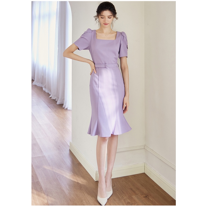 Đầm cổ vuông tay ngắn màu tím khoai môn thanh lịch