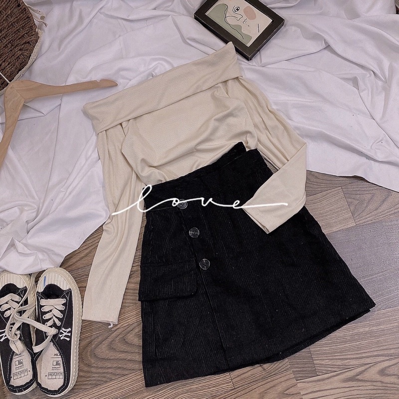 Set Áo Len Trễ Vai Mix Chân Váy Nhung Tăm