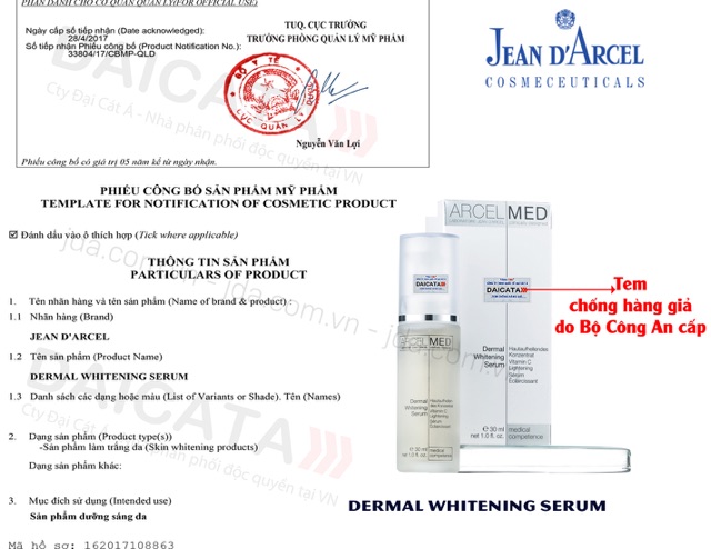 [HÀNG NHẬP KHẨU] Tinh chất làm mờ vết nám, hỗ trợ làm trắng da Jean D'Arcel Dermal Whitening Serum
