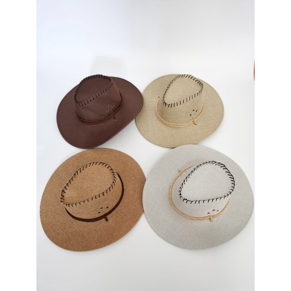 Mũ cao bồi miền tây làm từ cói mềm có dây đeo màu trơn mới