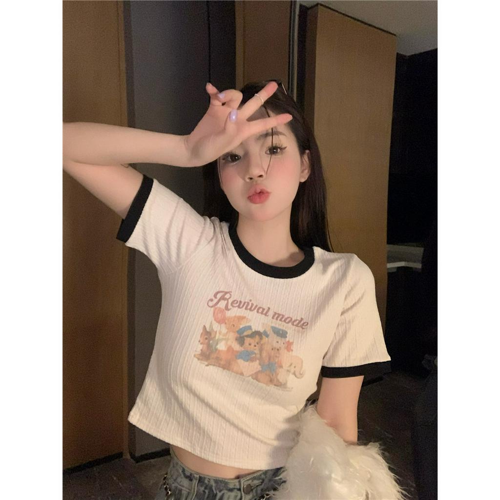 Ethelgirl Áo Thun Tay Ngắn Cổ Tròn Dáng Ôm In Họa Tiết Hoạt Hình Phong Cách Hàn Quốc Thời Trang Cho Nữ