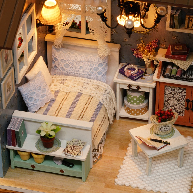 Mô hình nhà DIY Doll House American Retro Style Kèm Đèn LED Và Keo Dán