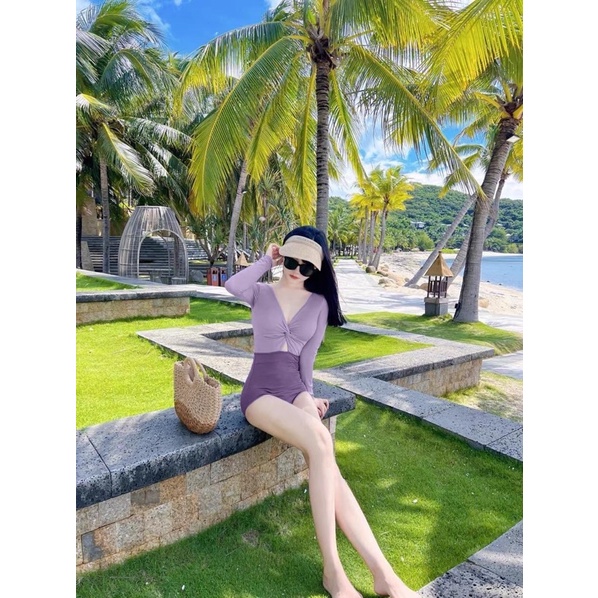 Bộ bơi nữ , bikini một mảnh dài tay tím xoắn ngực (có sẵn)