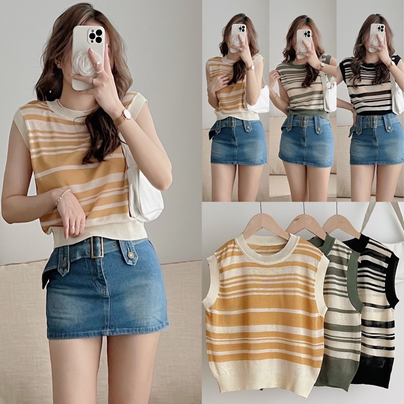 [Ảnh thật/Video]Áo mongtogi sát nách kẻ nhỏ Mina hàng Quảng Châu Áo len ba lỗ loại đẹp