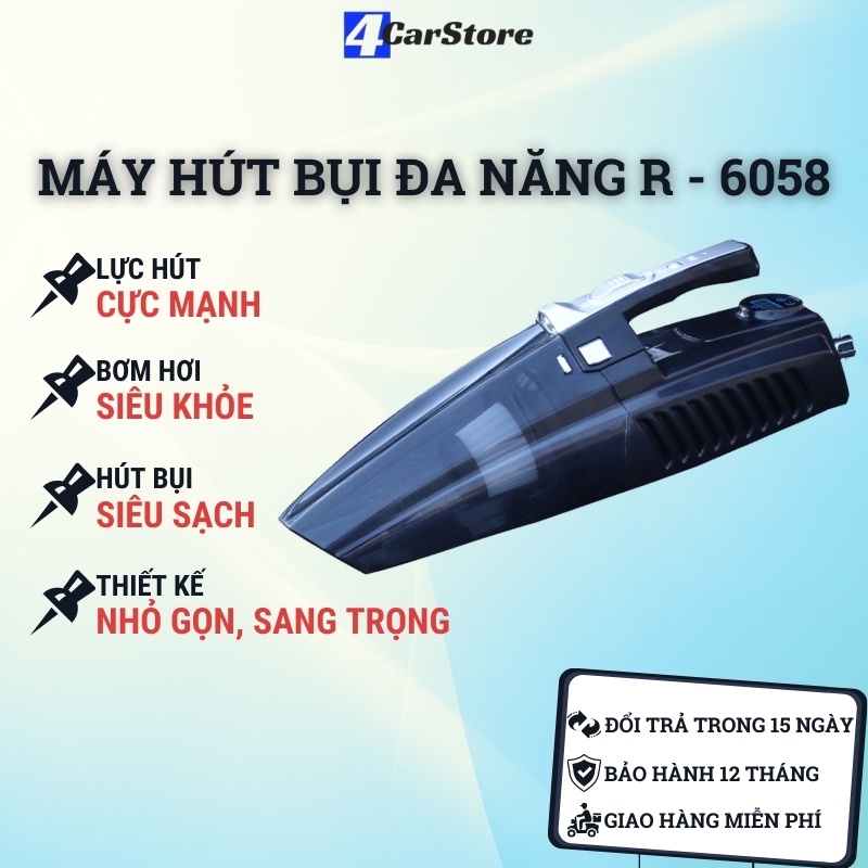 Máy hút bụi cầm tay mini kiêm bơm hơi xe ô tô R-6058 phiên bản mới | Hút bụi, bơm lốp, đo áp suất, có đèn LED chiếu sáng