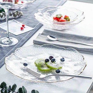 đĩa thủy tinh trắng viền vàng, để bánh kẹo, hoa quả, salad cao cấp