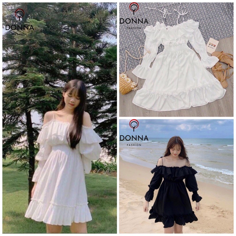 [Rẻ nhất shopee] Váy Trễ Vai 2 Dây , Vai Bồng Dáng Xòe. Donnafashion