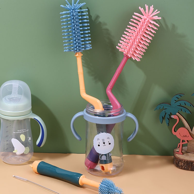 Bộ Dụng Cụ Vệ Sinh Bình Sữa Em Bé Bằng Silicone Xoay 360 Độ Cầm Tay Đầu Mềm Cấp Thực Phẩm YKD JP6