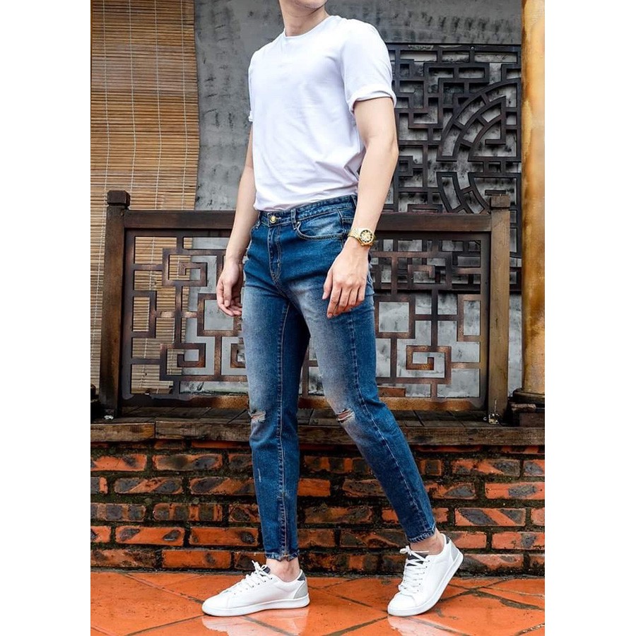 Quần Jean Nam Rách Gối Chất Co Giãn Mềm Mịn Ống Bó Trẻ Trung | BigBuy360 - bigbuy360.vn
