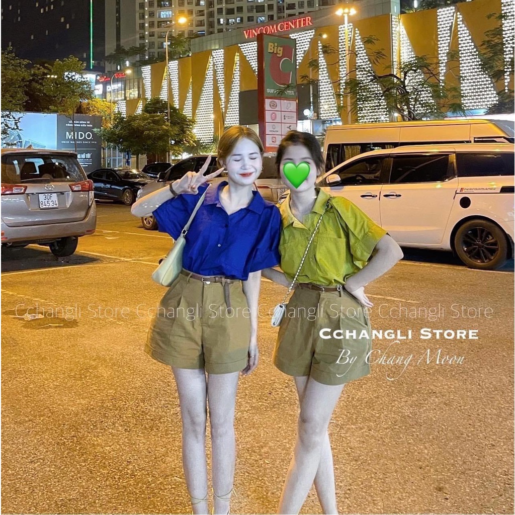 Set bộ đùi áo sơ mi nữ kèm belt cao cấp