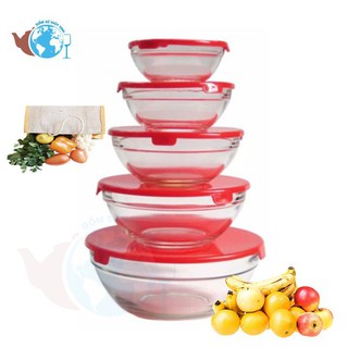 Bộ 5 Thố Thủy Tinh Nắp Nhựa Cao Cấp