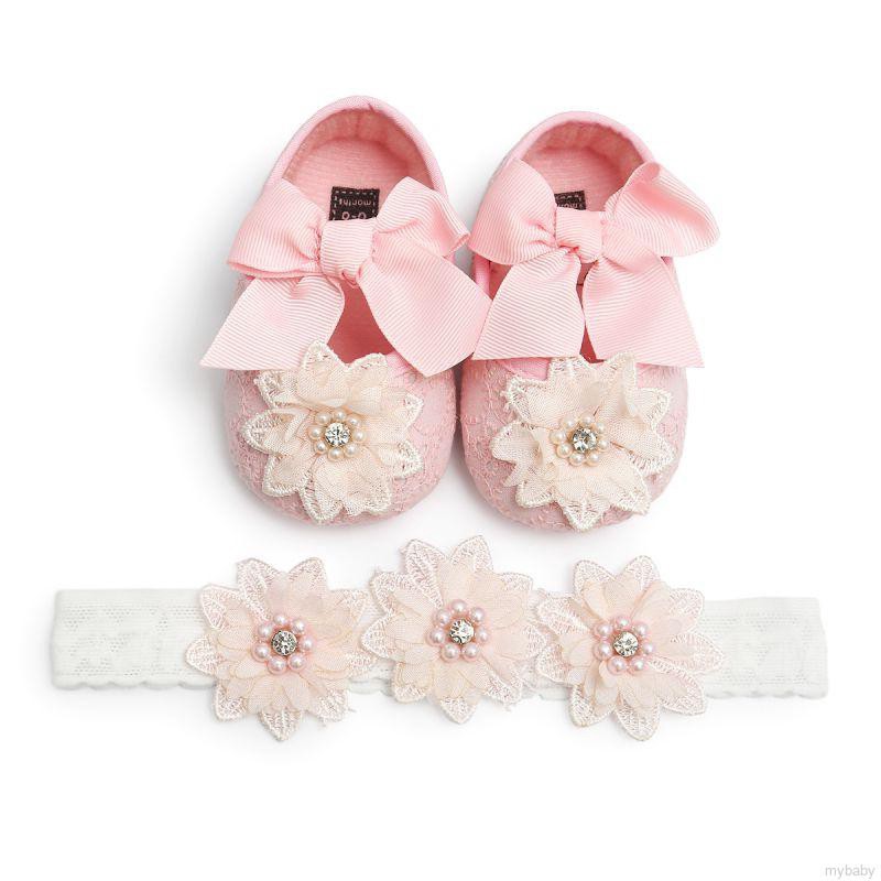 My Baby  Baby Girl Infants Lace Flower Princess Shoes Floral Headwear Headband