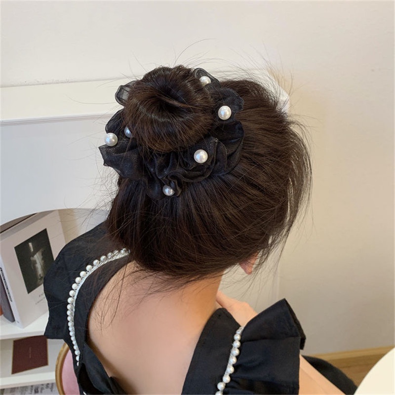 Dây Buộc Tóc Đuôi Ngựa Vải Tuyn Đính Ngọc Trai Kiểu Hàn Quốc