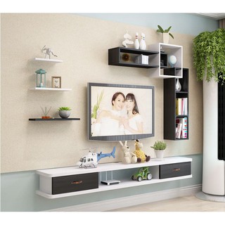 Kệ treo tường hiện đại tivi, đầu thu 2 ngăn phòng khách( tay nắm gỗ) GP40