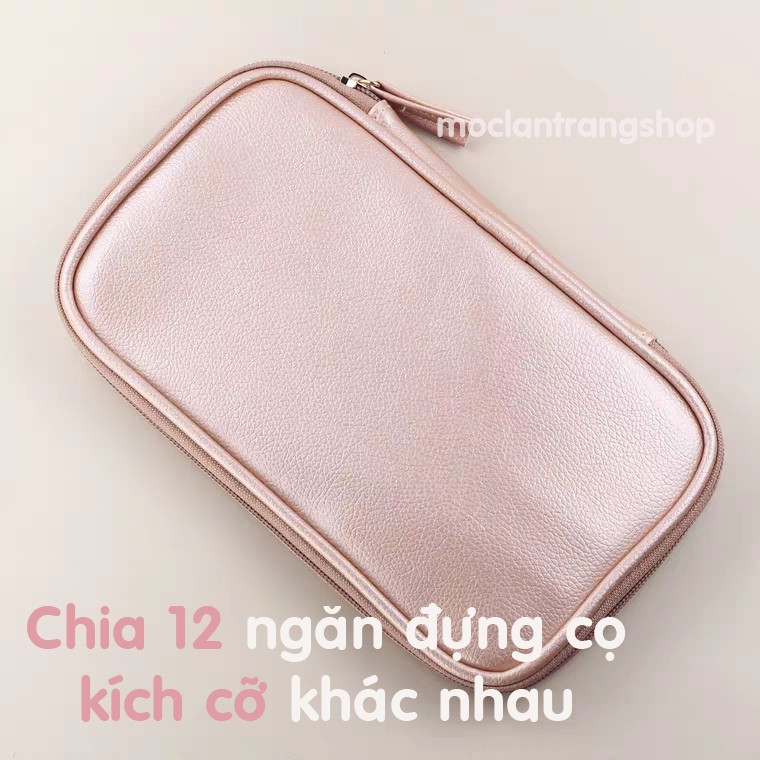 Túi đựng cọ trang điểm bằng da chia 12 ngăn, màu nhũ có khóa phong cách sang chảnh, bóp đựng cọ có khóa