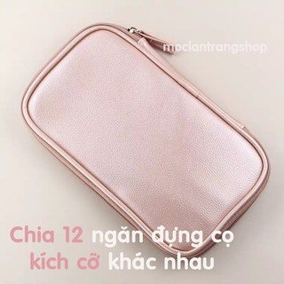 Túi ví đựng cọ trang điểm bằng da chia 12 ngăn, màu nhũ có khóa phong cách sang chảnh, bóp đựng cọ có khóa