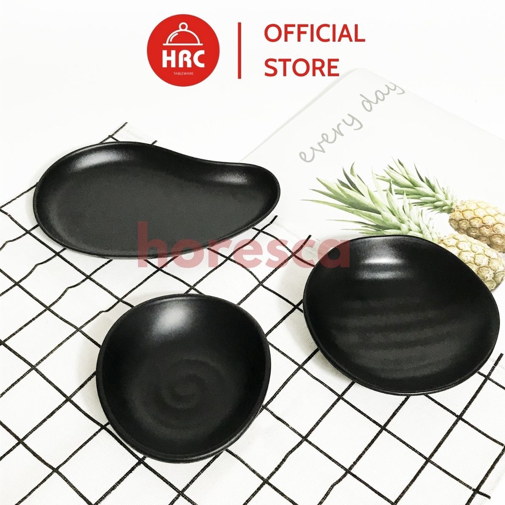 Bộ đĩa kiểu dáng độc đáo 100% melamine (GIÁ TỐT) Đĩa lòng sâu đen nhám phong cách Nhật Bản Hàn Quốc