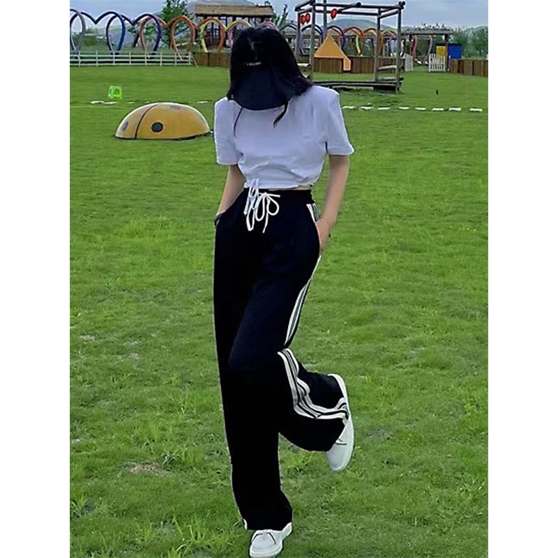 Jiashucheng Quần Thể Thao Ống Rộng Ghép Vải Mỏng Kẻ Sọc Nhỏ Phong Cách Xuân Thu Cho Nữ