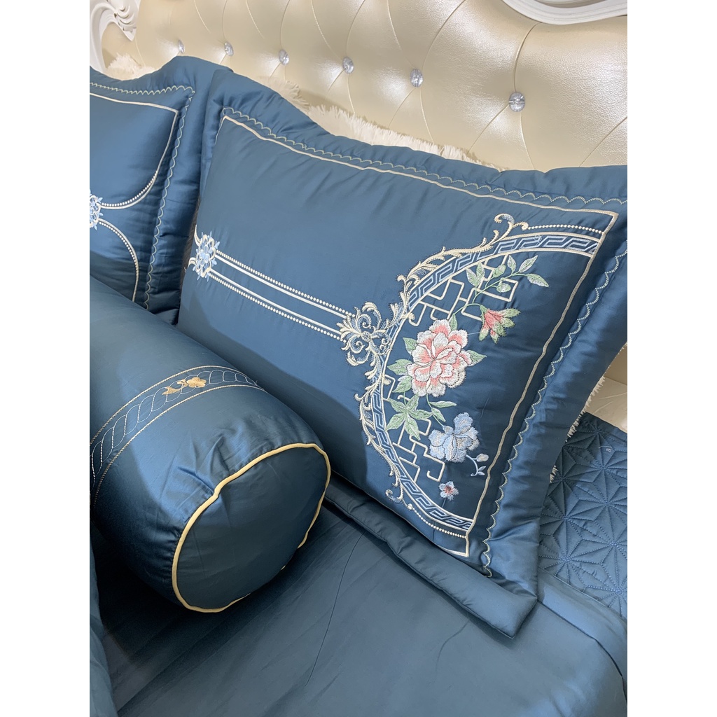 Trọn bộ Chăn Ga Gối Trần Bông Cotton Lụa 7 món Thêu Hoàng Gia -> Liên hệ Shop tư vấn Trước khi đặt hàng