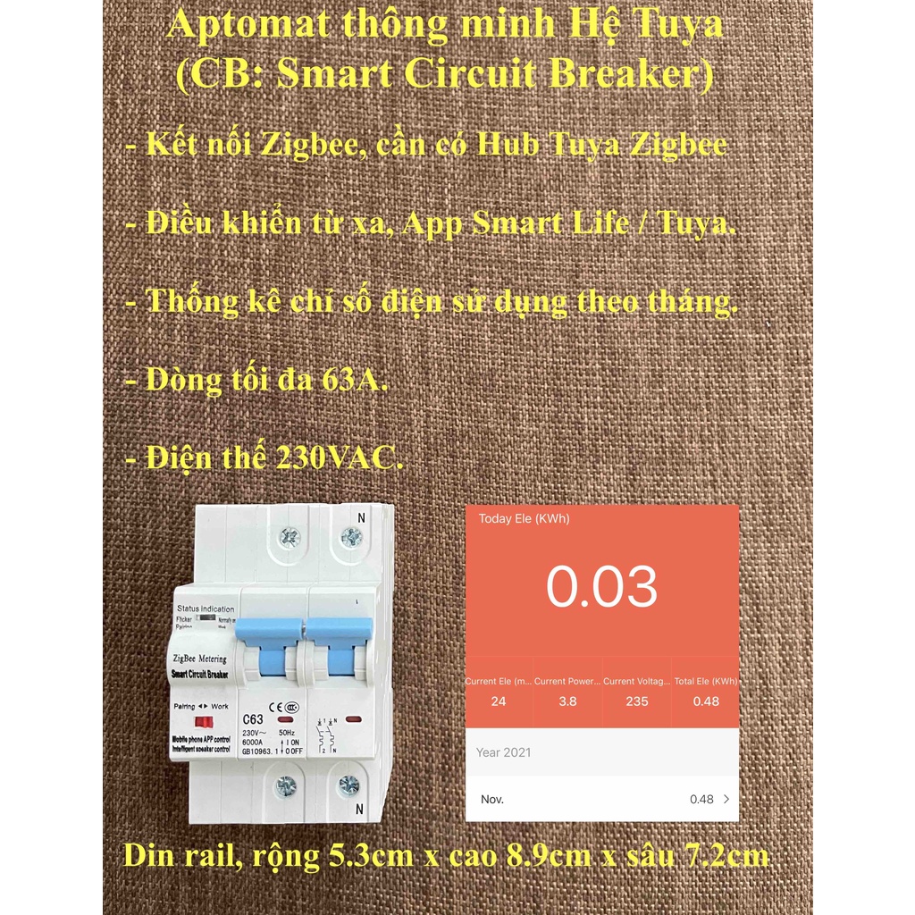 Công tơ điện / Aptomat / CB thông minh, dùng sóng Wifi / Zigbee, App Smart Life / Tuya -