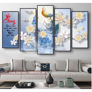 Set 5 bức tranh tráng gương chim công phú quý tặng kèm đinh treo tường/ tranh phòng khách/ quà tặng