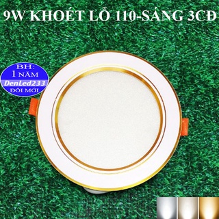 Đèn led âm trần 9w viền vàng sáng 3 chế độ, khoét lỗ 110