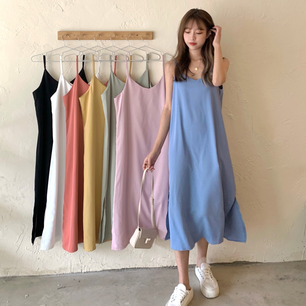 Đầm Maxi Hai Dây Xẻ Tà Màu Trơn Thời Trang Mùa Hè | BigBuy360 - bigbuy360.vn