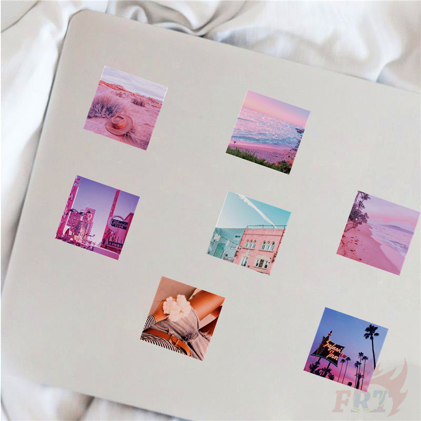 Bộ 60 miếng dán trang trí chủ đề phong cảnh biển California màu hồng xinh xắn