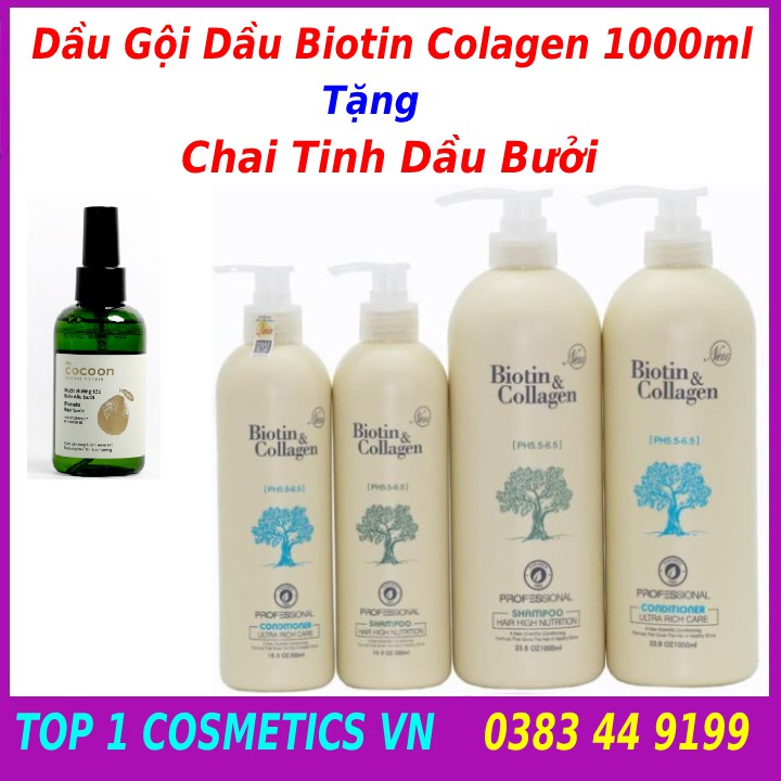 Cặp dầu gội - xả biotin colagen 1000ml chính hãng tặng kèm tinh dầu bưởi dưỡng tóc, dầu gội chuyên sâu phục hồi hư tổn