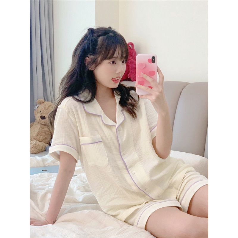 Bộ Đồ Ngủ 100 Món Áo Tay Ngắn Phối Quần Short Vải Cotton Lanh Kiểu Hàn Quốc Thời Trang Mùa Hè Cho Nữ