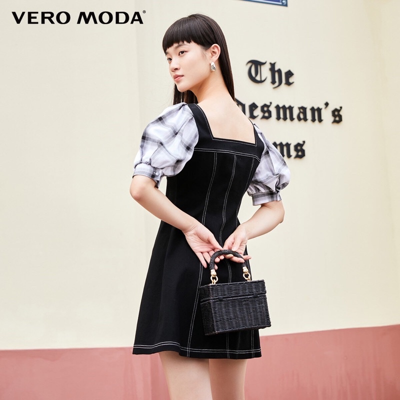Váy đầm jeans denim túi đắp phối tay phồng sọc ca rô - Vero Moda cá tính sành điệu