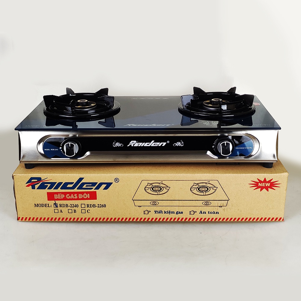 [Chính hãng] Bếp gas đôi mặt kính Raiden RDB-2240 đầu đốt đồng, điếu inox 304, kiềng men có chắn gió