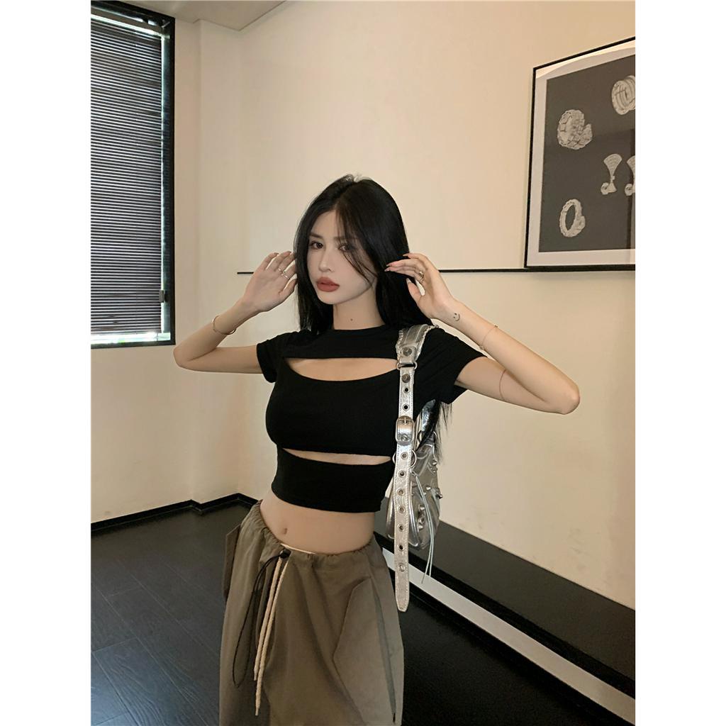 HUANG YOYO Áo Croptop Áo Lửng Ngắn Tay Phong Cách Quyến Rũ Thanh Lịch Dành Cho Nữ