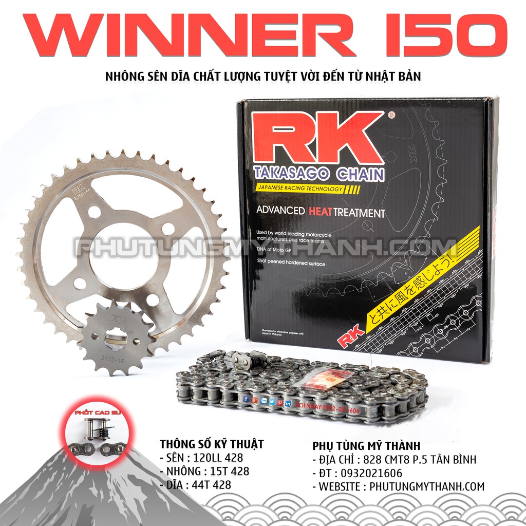 Nhông sên dĩa phốt cao su xe Winner 150cc thương hiệu RK Nhật Bản
