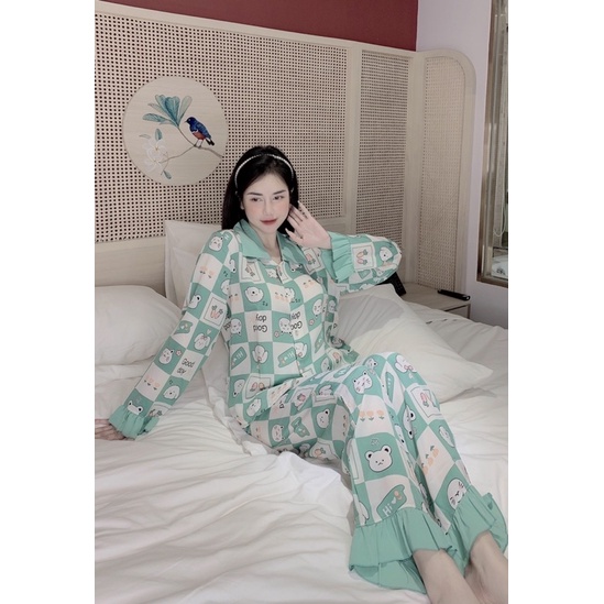 Bộ Pijama Lụa thiết kế cổ sen mặc nhà nữ siêu xinh, Chất lụa mango mềm mịn